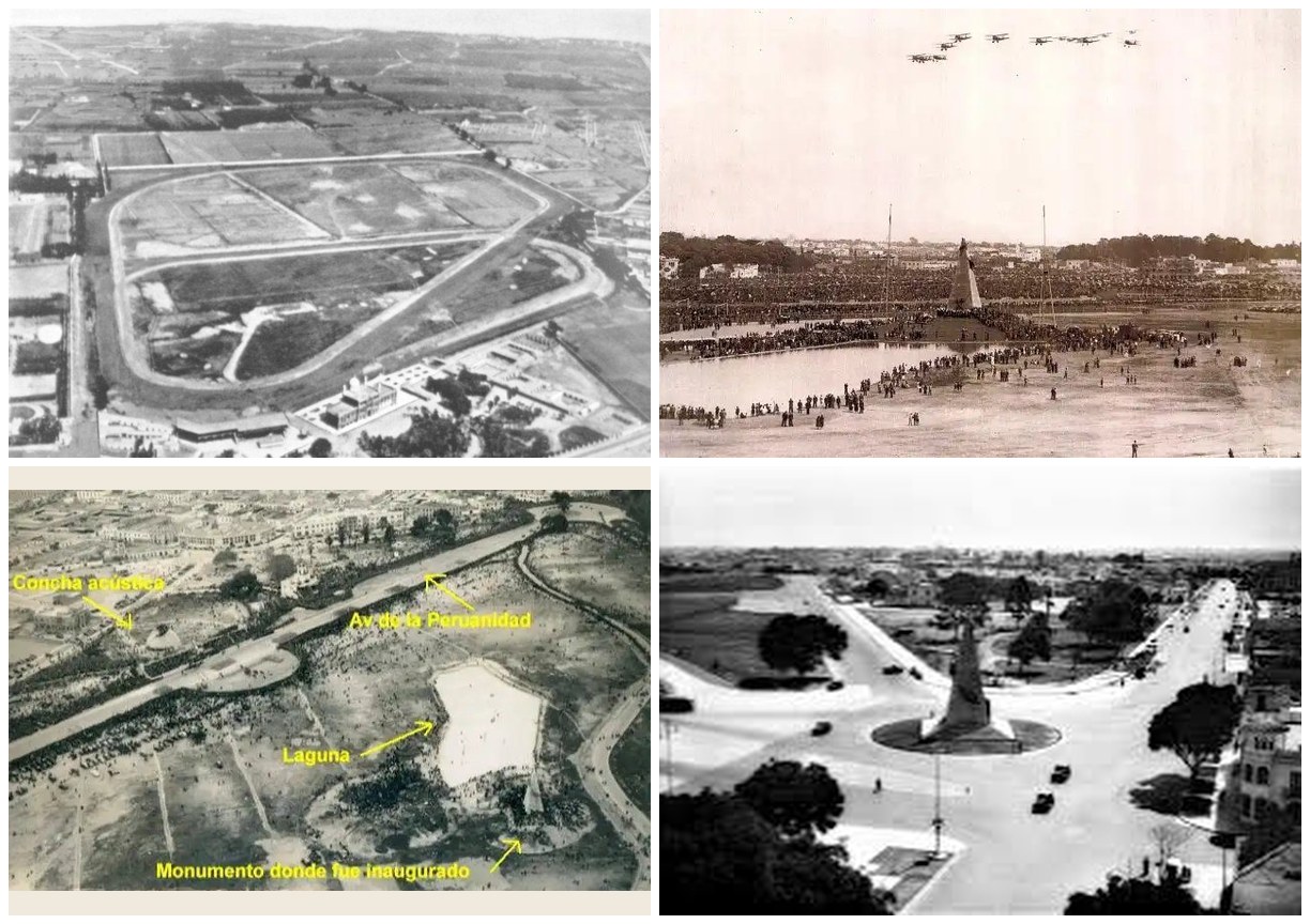 Cuatro épocas del Campo de Marte en imágenes históricas: hipódromo de Santa Beatriz, biplanos de 1924, el parque con laguna y concha acústica, y el Monumento a los Defensores en su rotonda
