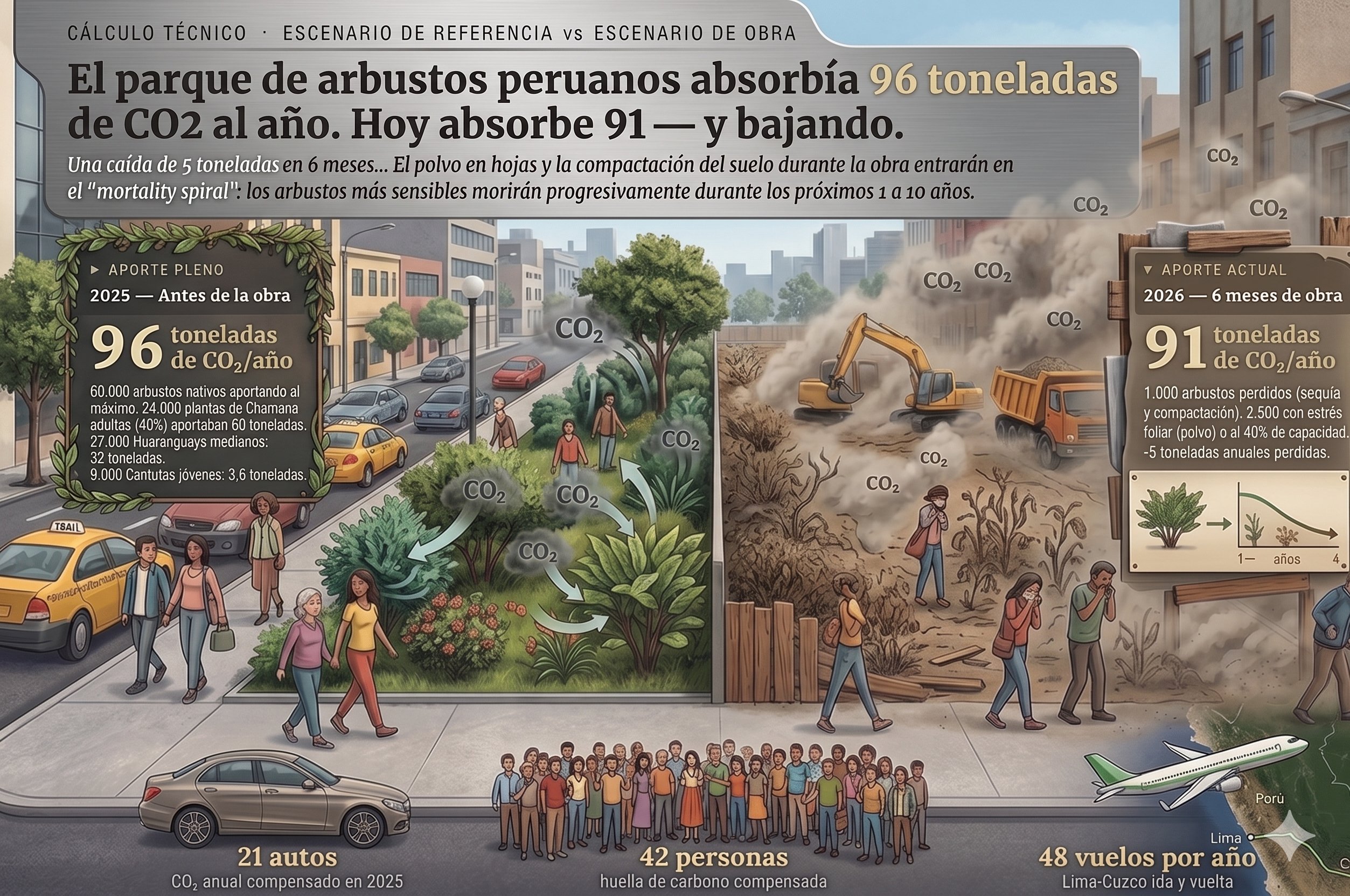 Infografía conceptual del descenso del aporte de CO2 del parque: 96 toneladas en 2025 frente a 91 en 2026, con el mortality spiral y equivalencias en autos, personas y vuelos
