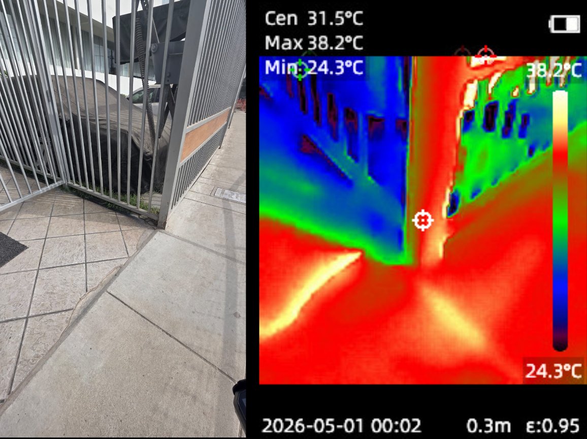 Termografía de reja metálica y vereda al sol, máximo 38.2 grados