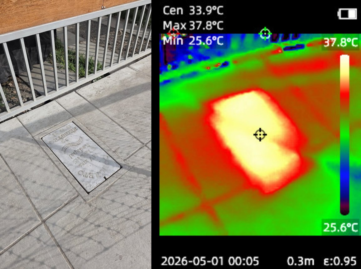 Termografía de tapa de registro metálica en vereda, máximo 37.8 grados