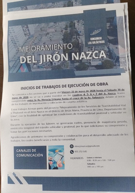 Volante del Consorcio Los Galácticos: Mejoramiento del Jirón Nazca, cierre de cuadras 4 a 7 del 22 al 30 de mayo de 2026
