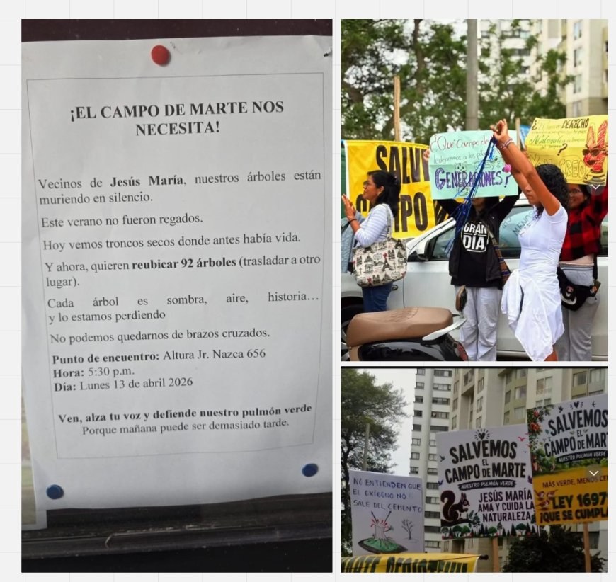 Volante ¡El Campo de Marte nos necesita! junto a fotos de la movilización ciudadana en el Jirón Nazca